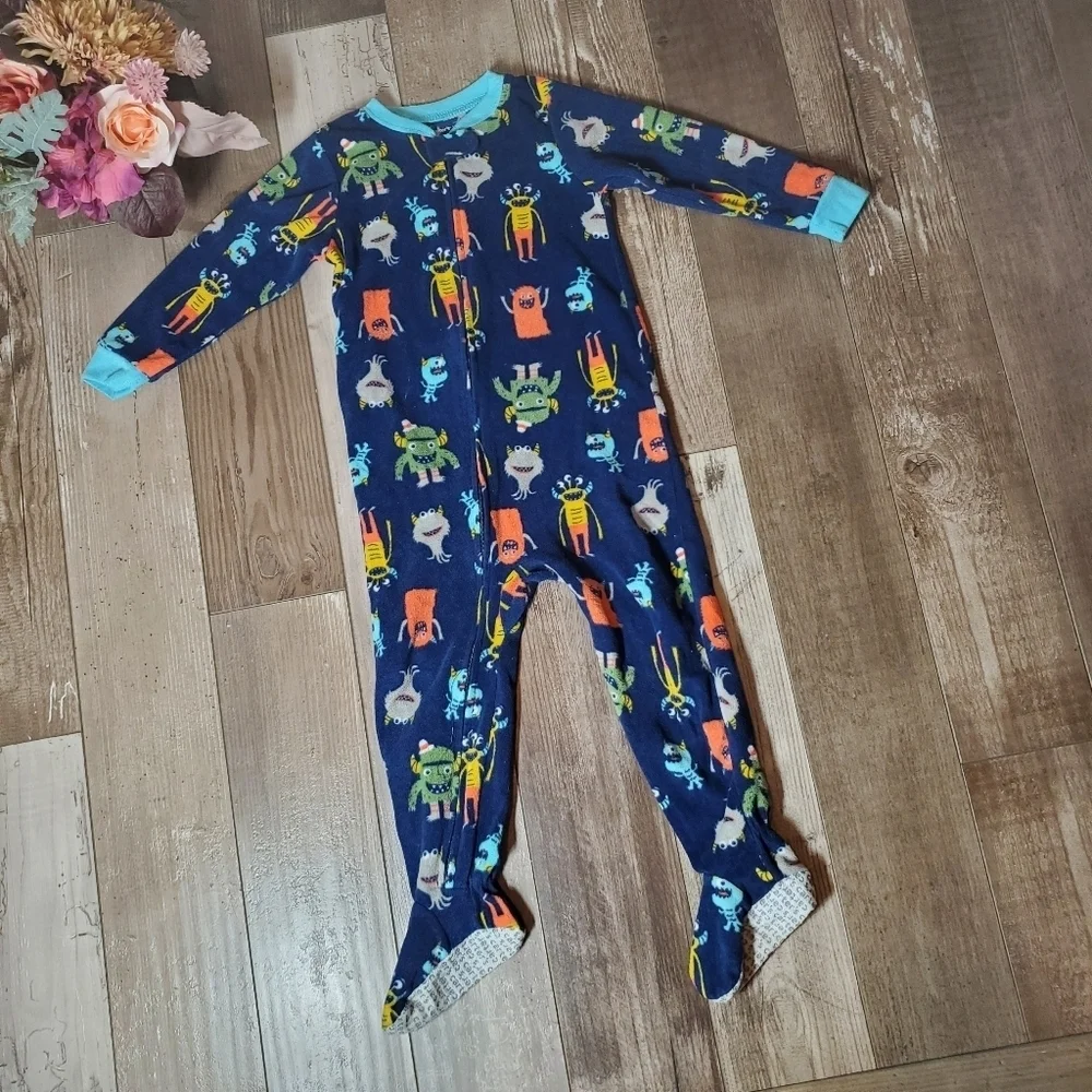 Carter's Blue Orange Green Monster Size 3T Fleece Footed Pajamas PJs EUC